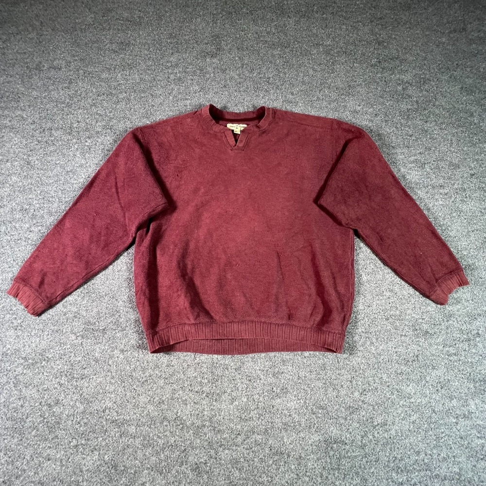 Tommy Bahama Sweater Mens Large Maroon Cotton Pique Knit Split Neck Minimalist